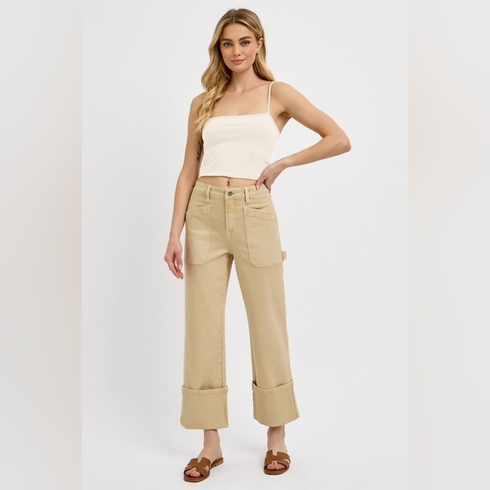 Risen High Rise Straight Wide Leg Cuffed Patch Pocket Jeans Tan Various NEW - Picture 1 of 5